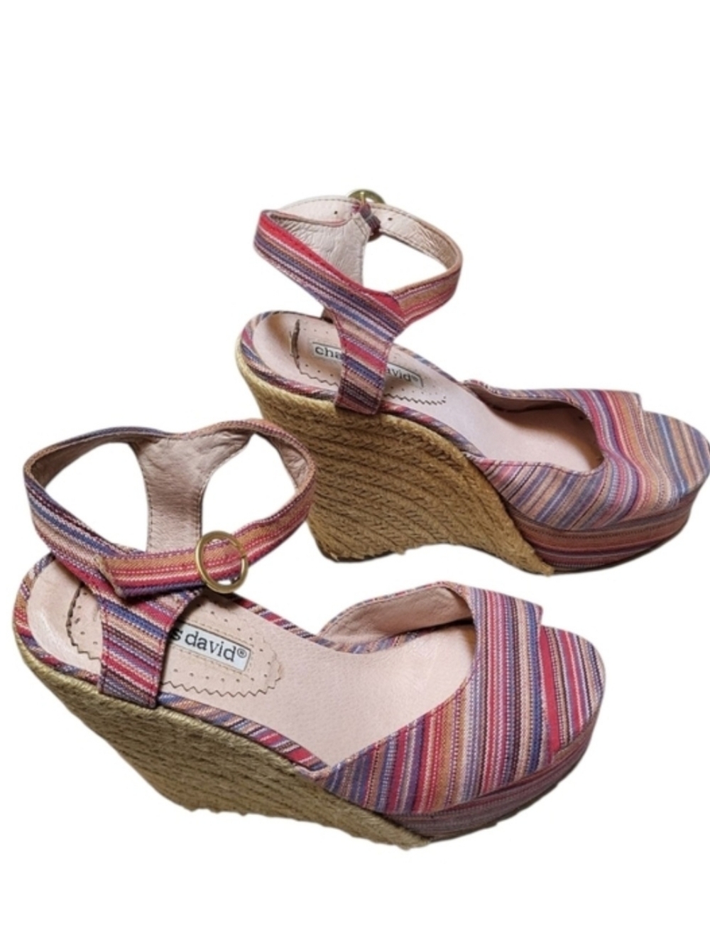 Charles David Pink and Tan Wedge Sandals with Ankle Strap